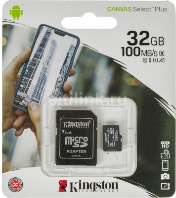 Карта памяти microSD 32 ГБ с адаптером, Kingston Class 10, 100mb/s